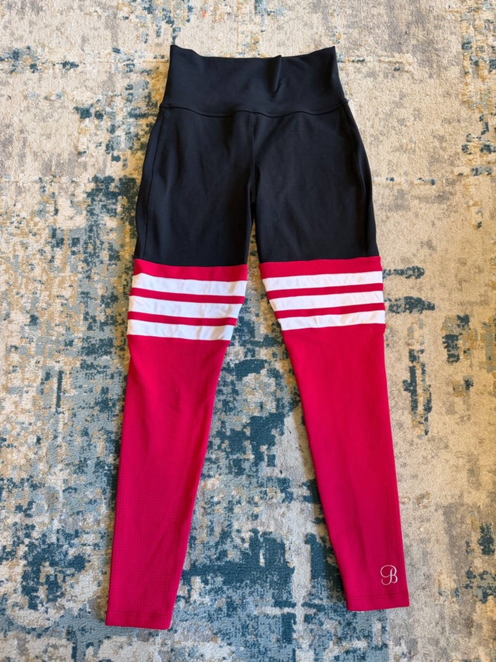 Women’s Black and Red Athletic Leggings with White Stripes